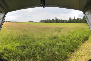 Vue depuis l'intérieur d'une tente spacieuse sur tout le paysage qui s'offre grâce au auvent panoramique